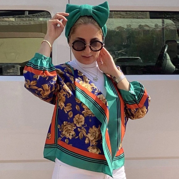 Zara Gold Floral Scarf Blouse in Royal Blue, Gold & Teal - Picture 4 of 4